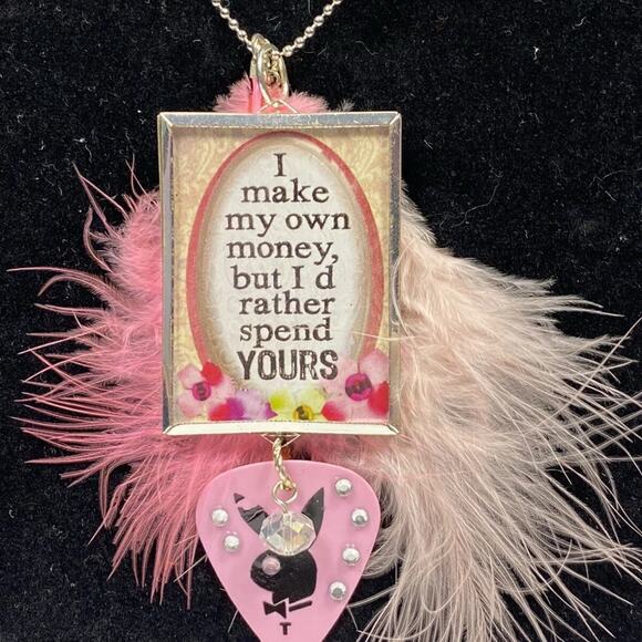 Handmade Statement Pendant Necklace – Pink Feathers, Rhinestones, Quote “I Make - Picture 4 of 7